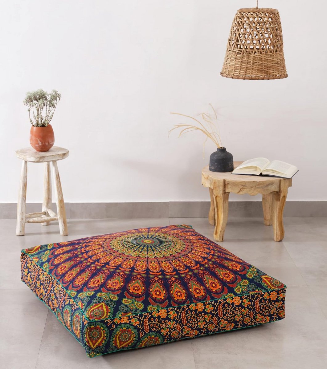 Mandala Vloerkussen Ottomaanse Poef Deksel - Oversized Katoenen Kussen met Zipper voor Dierenbed - 35 inch