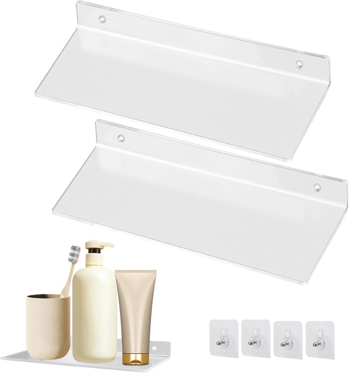 Allecta - Drijvende Badkamerplanken Acryl 20 x 10 cm - Zonder boren - Uitbreiding Ruimte - Geschikt voor Badkamer/Woonkamer/Slaapkamer - Transparant (Set van 2)