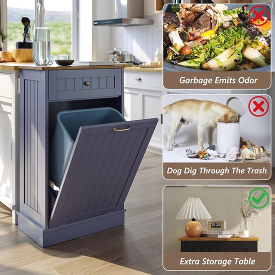 Grijze kast met houten blad, kantelbare deur en blauwe prullenbak, naast een aanrecht. Vergelijkt problemen met afval en een opgeruimde kast.