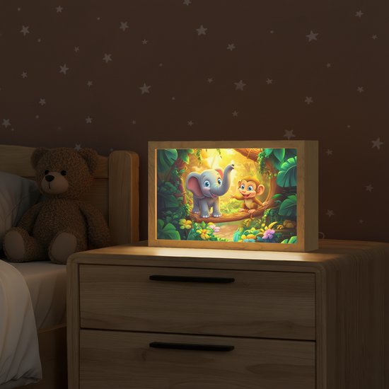 Nachtlampje 30x20 cm - Kinder lampje - Olifant - Appje - Jungle - Kleurrijk - Tafellamp kinderkamer - Slaapkamer lamp - Bedlamp kinderen - Kinderlampje stopcontact - Wandlamp babykamer - Nachtlampjes van Appje — afbeelding 2