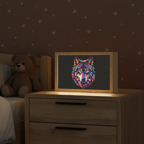Nachtlampje 30x20 cm - Kinder lampje - Wolf - Kleurrijk - Zwart - Dieren - Neon - Tafellamp kinderkamer - Slaapkamer lamp - Bedlamp kinderen - Kinderlampje stopcontact - Wandlamp babykamer - Nachtlampjes van Merkloos — afbeelding 2