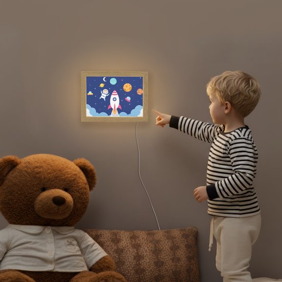 Nachtlampje 20x15 cm - Kinder lampje - Raket - Ruimte - Astronaut - Blauw - Jongens - Tafellamp kinderkamer - Slaapkamer lamp - Bedlamp kinderen - Kinderlampje stopcontact - Wandlamp babykamer - Nachtlampjes van Merkloos — afbeelding 5