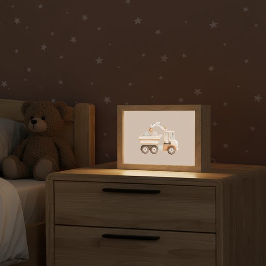 Nachtlampje 20x15 cm - Kinder lampje - Kiepwagen - Auto - Beige - Tafellamp kinderkamer - Slaapkamer lamp - Bedlamp kinderen - Kinderlampje stopcontact - Wandlamp babykamer - Nachtlampjes van Merkloos — afbeelding 2