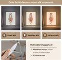 Demonstratie van 3 lichtkleuren: koel, helder en warm wit, met bedieningspaneel.