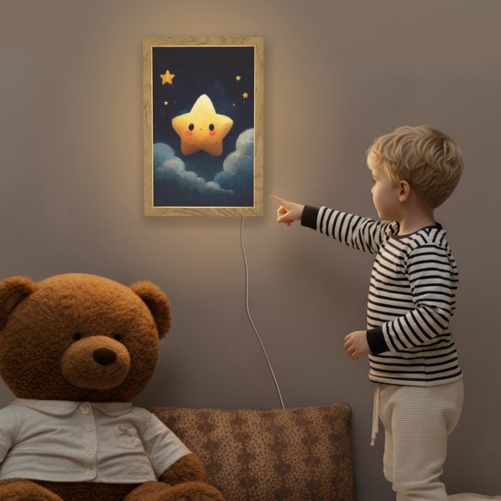 Nachtlampje 20x30 cm - Kinder lampje - Ster - Gezichtje - Nacht - Wolken - Tafellamp kinderkamer - Slaapkamer lamp - Bedlamp kinderen - Kinderlampje stopcontact - Wandlamp babykamer - Nachtlampjes van OnlyWow — afbeelding 5