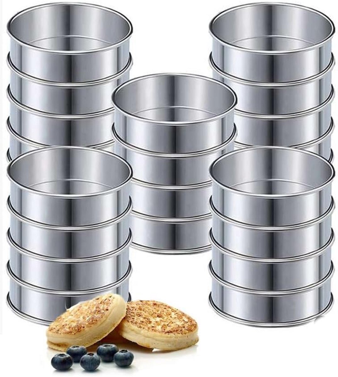 Set van 20 Ronde Bakringen van Roestvrij Staal voor Taart, Pannenkoek en Dessert