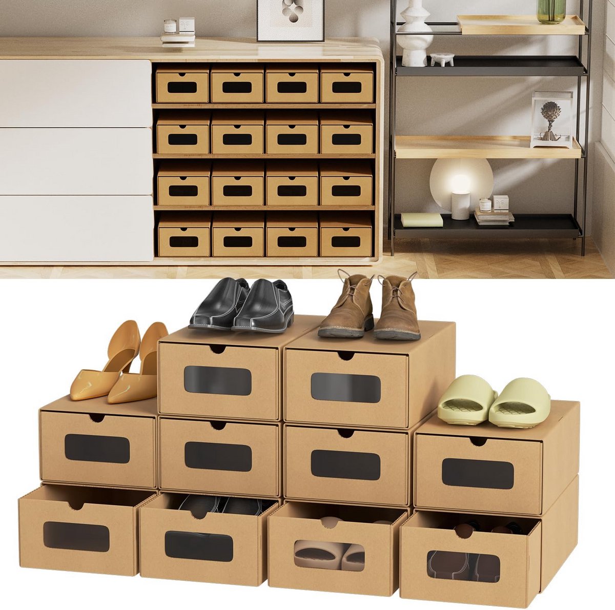 Opvouwbare schoenendoos golfkarton met kijkvenster 35x23x13 cm - 10 stuks