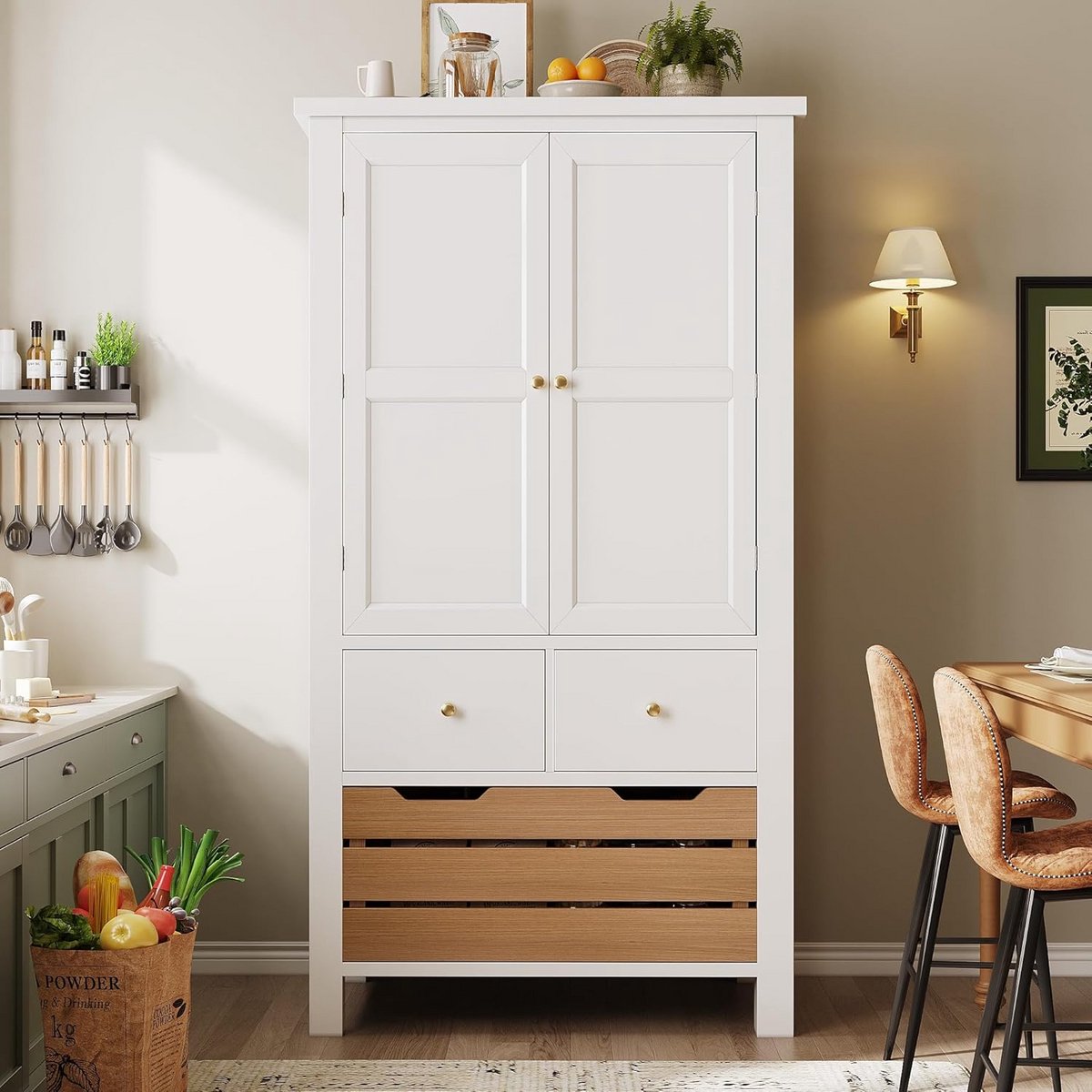 Keukenbuffet Kast met 2 Deuren en 5 Laden Hoge Vitrinekast Buffetmeubel