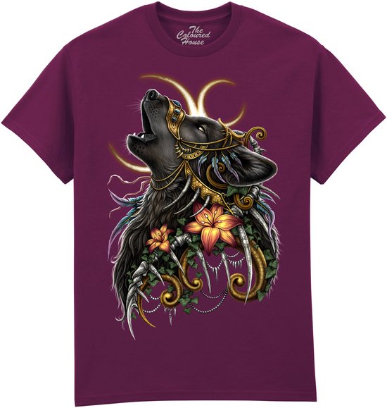 Paars t-shirt met een grafische print van een huilende wolf met gouden ornamenten, bloemen en veren.