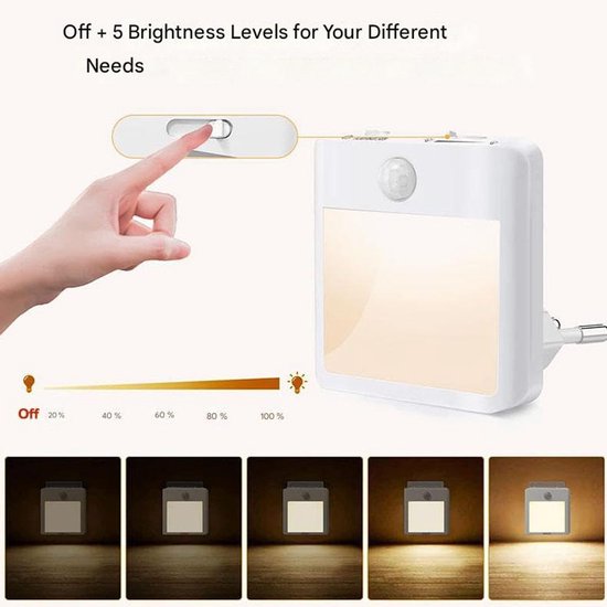 Nachtlampje met Bewegingssensor - Dimbaar Led Nachtlicht - Warm Wit 2700k - Automatische Uitschakeling 30/60/120 Seconden - Helderheid 0-100% - Voor Stopcontact - Nachtlampje - Set Van 2 Stuks van Merkloos — afbeelding 5