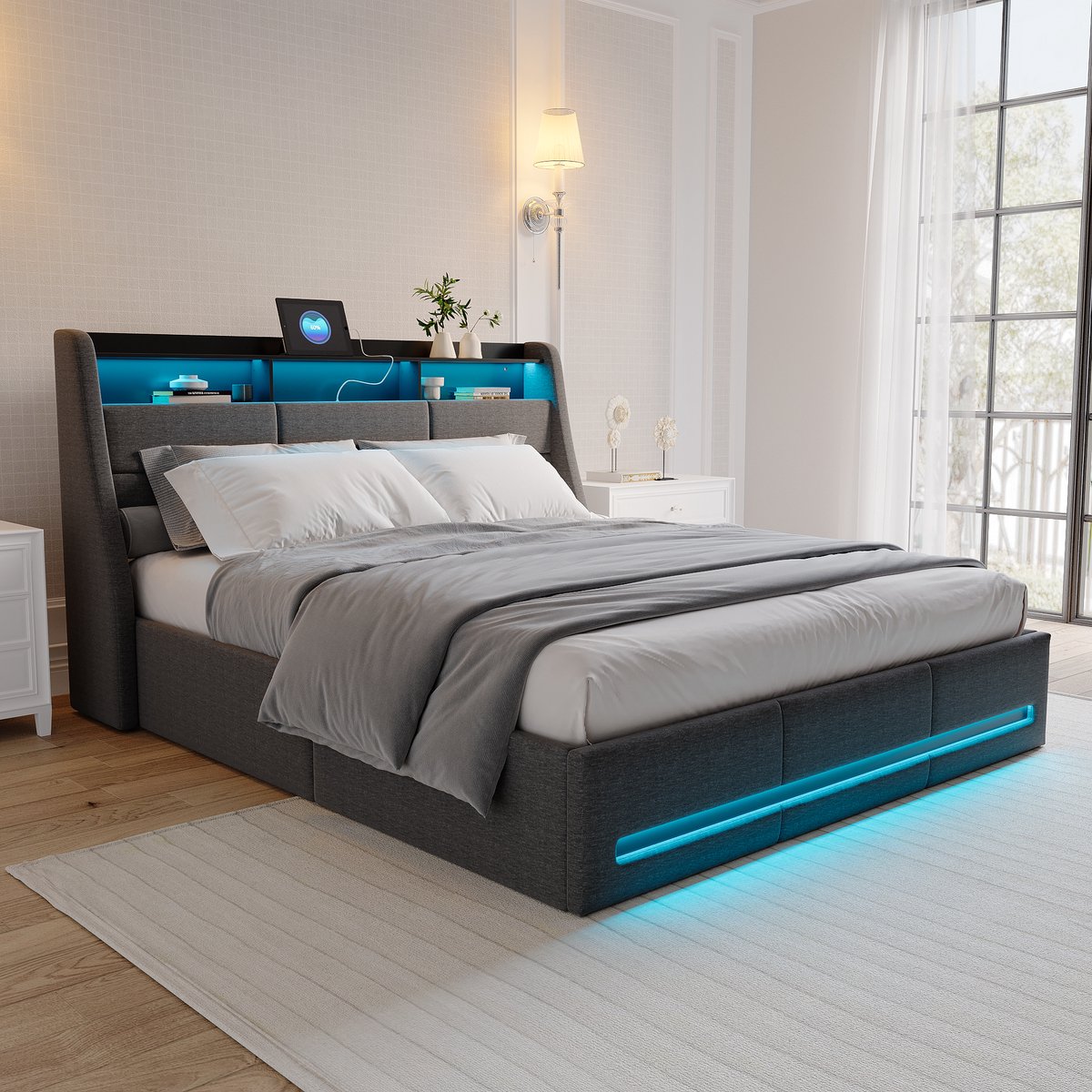 Hydraulisch Opbergbed 140x190 cm – Gestoffeerd bed met LED-Verlichting USB-Poorten en Hoofdboezem Rangement, voor Volwassenen en Tieners, Grijs Linnen
