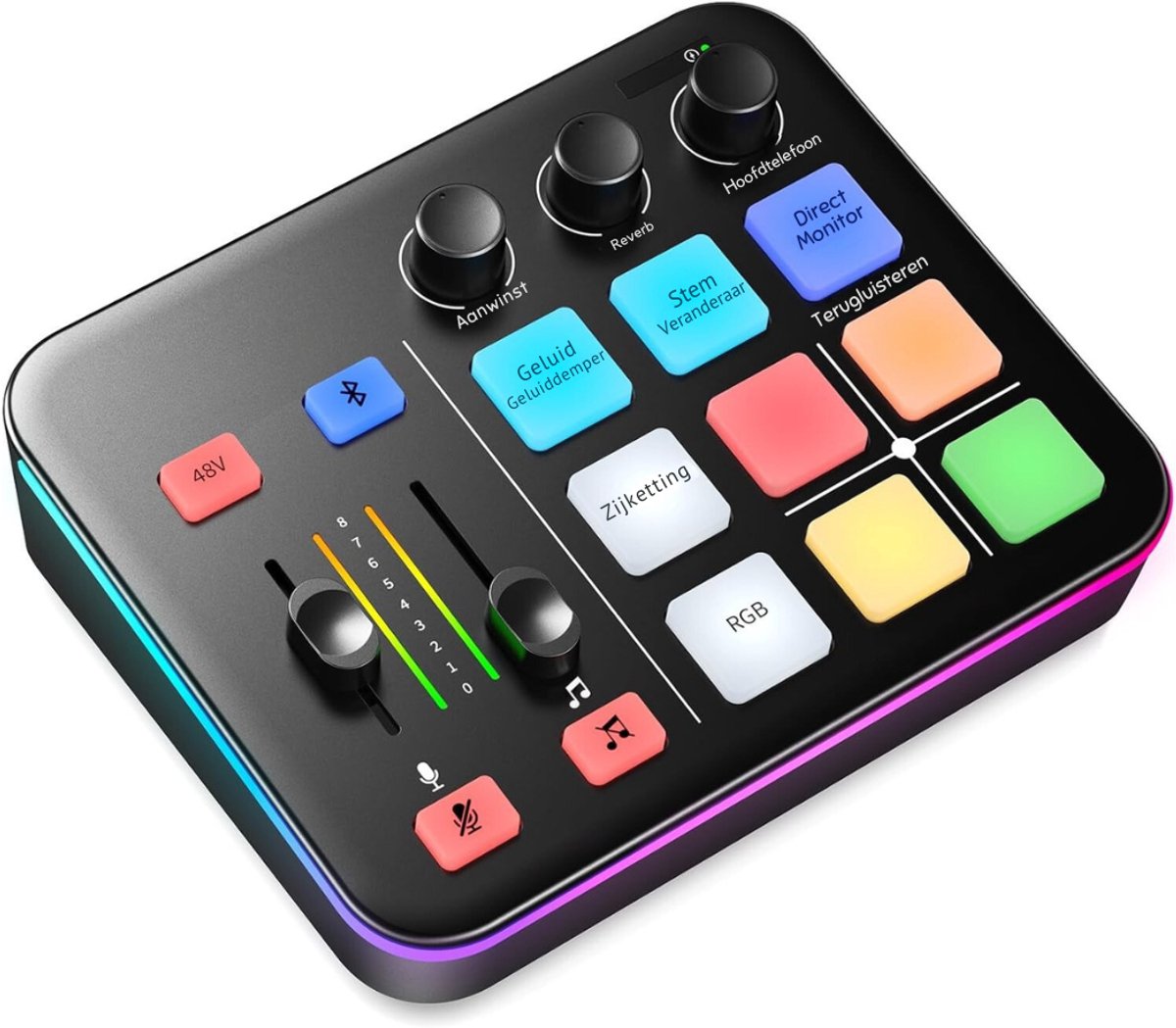 VIN® Gaming Audio Mixer - Streaming - RGB - PC mixer met XLR-microfooninterface - Individuele bediening - 48V Fantoomvoeding - Podcast - Opname - Zang – Geluidseffecten – Ruisonderdrukking - Zwart