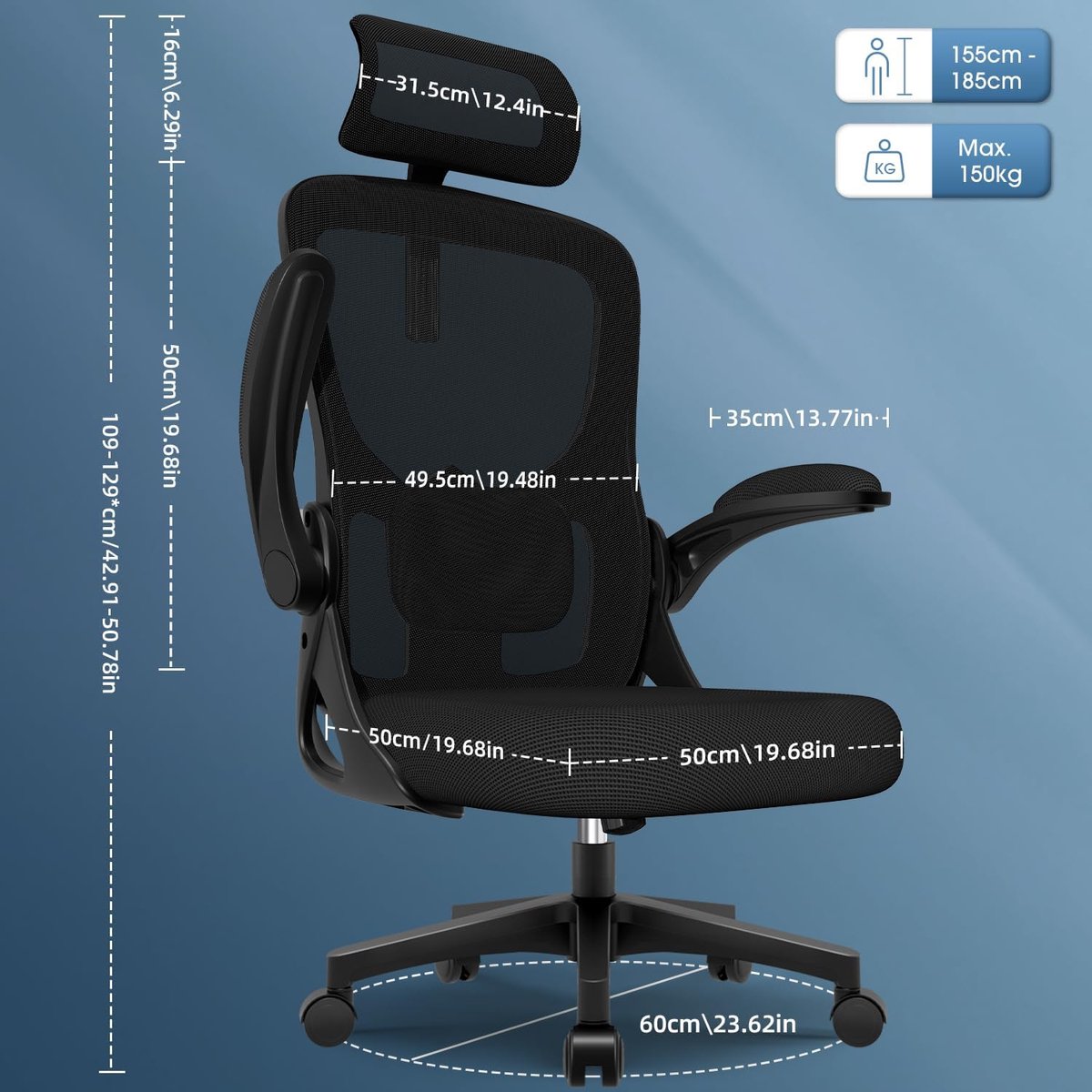 Premium Ergonomische Bureaustoel met 3D - Zwart - 3D Hoofdsteun 4D Lendensteun – - Medahomestore