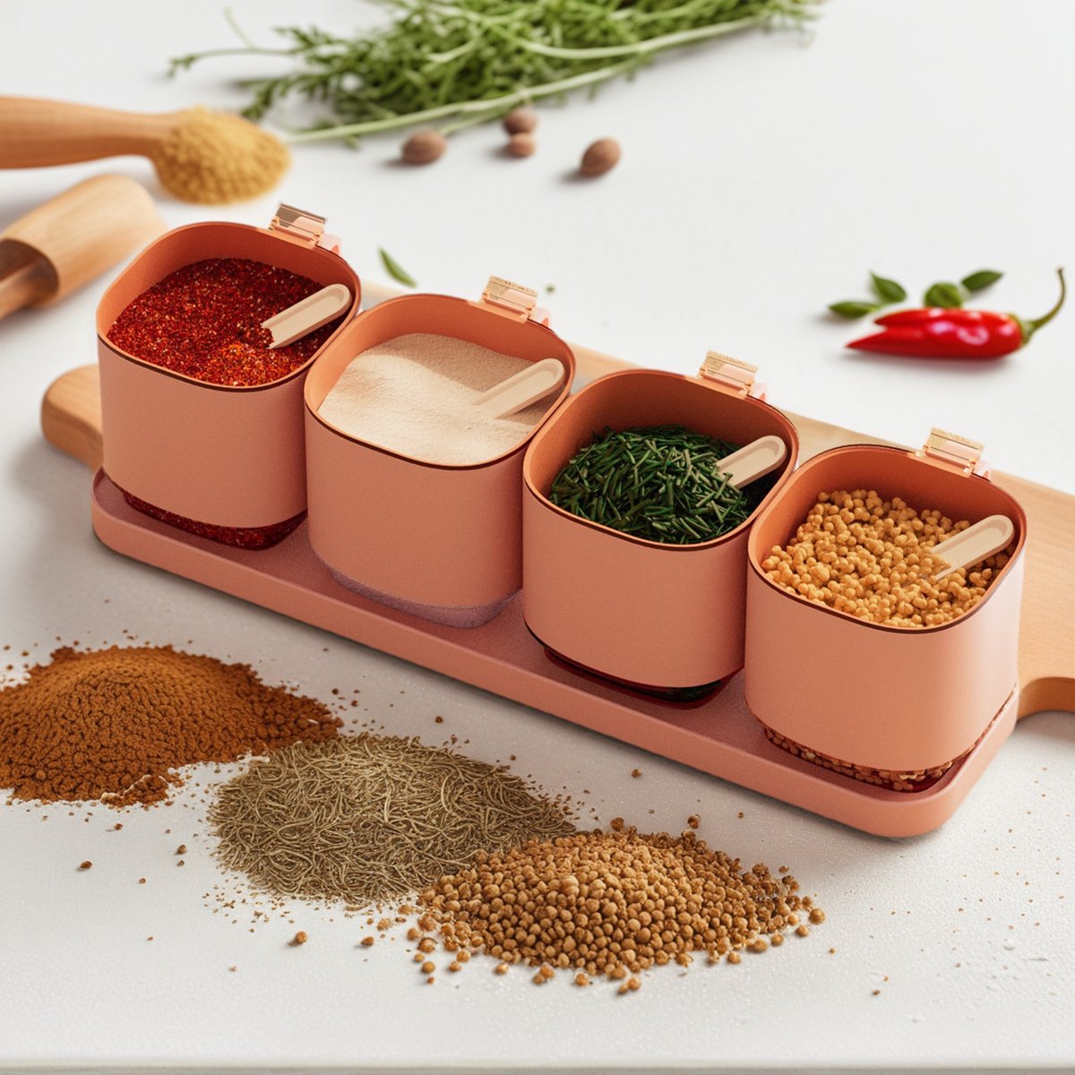 Soontrans Vierkante Kruidenpotjes - Set van 4 - Suikerpotjes Met Lepel & Deksel - Kunststof - Transparant Deksel - Zoutvaatje - Rood