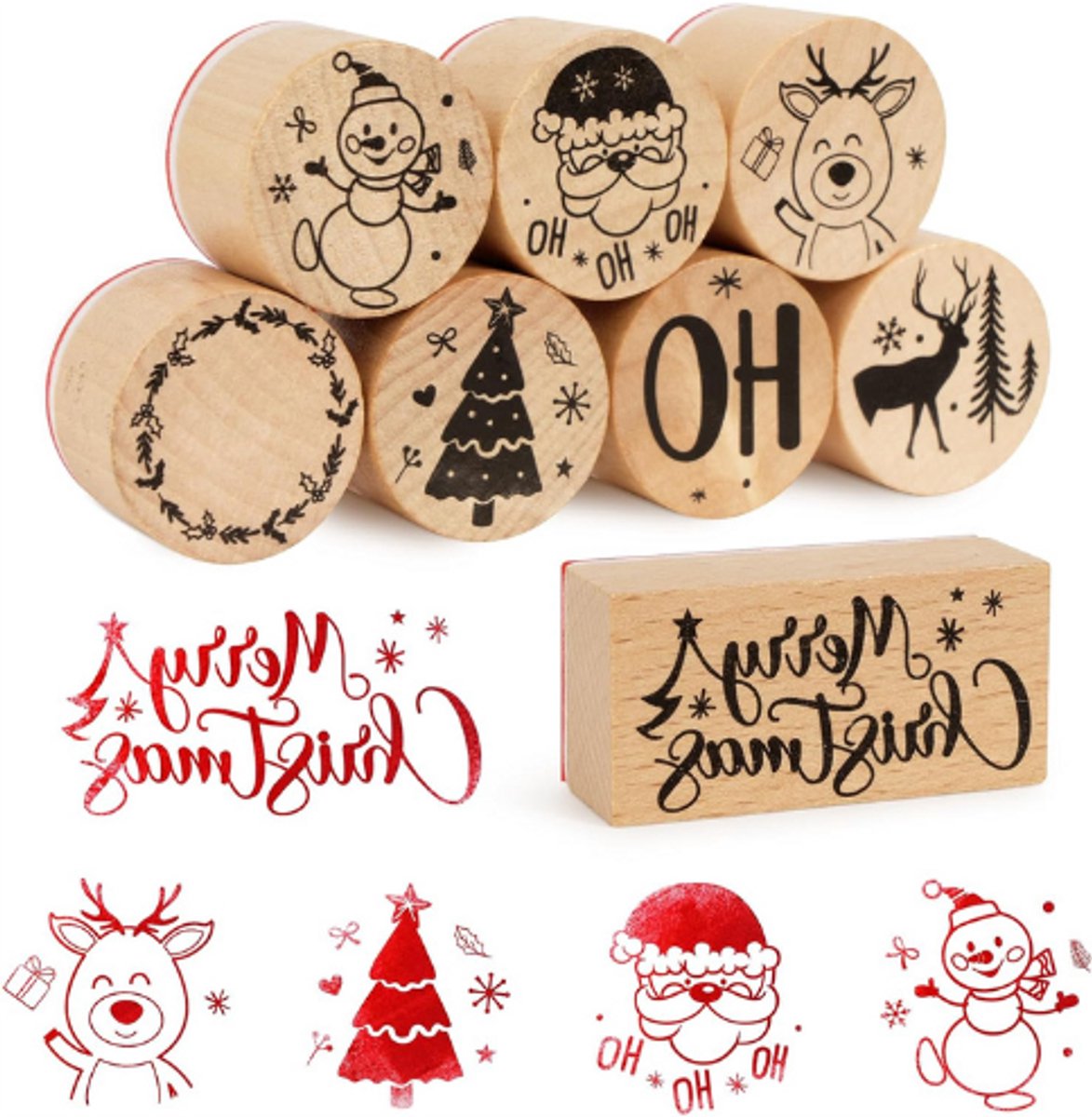 Houten Kerststempel Set Van 8 – Rendier – Kerstman – Kerstboom – Sneeuwman – Merry Christmas – Houten Stempels Voor Scrapbooking – Decoratie – Cadeau – Kerstfeest