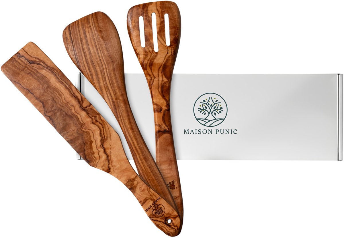 Maison Punic – Matin Punic Olijfhouten Keukenset – 3-delige Spatels – Duurzaam Mediterraan Design – Perfect als Geschenk – Spatels