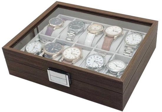 Houten horlogedoos met glazen deksel, gevuld met 10 diverse horloges.