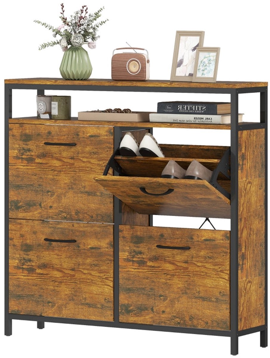Merax Schoenenkast met 4 Klapladen – Smalle Industriële Schoenenkast voor 12–20 Paar – Schoenenorganizer met Open Legplank – 98×24×95 cm – Rustic Brown/Zwart