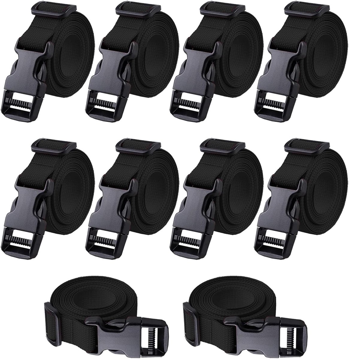 10pcs 2.5cm Breed Gebruikstype Riem met Snelsluiting - Verstelbare Nylon Straps - Camping Bagage Rugzak Fiets Verpakkingsriem 200cm Lengte voor Buitensporten - Compressie - Bundelen - Zwart