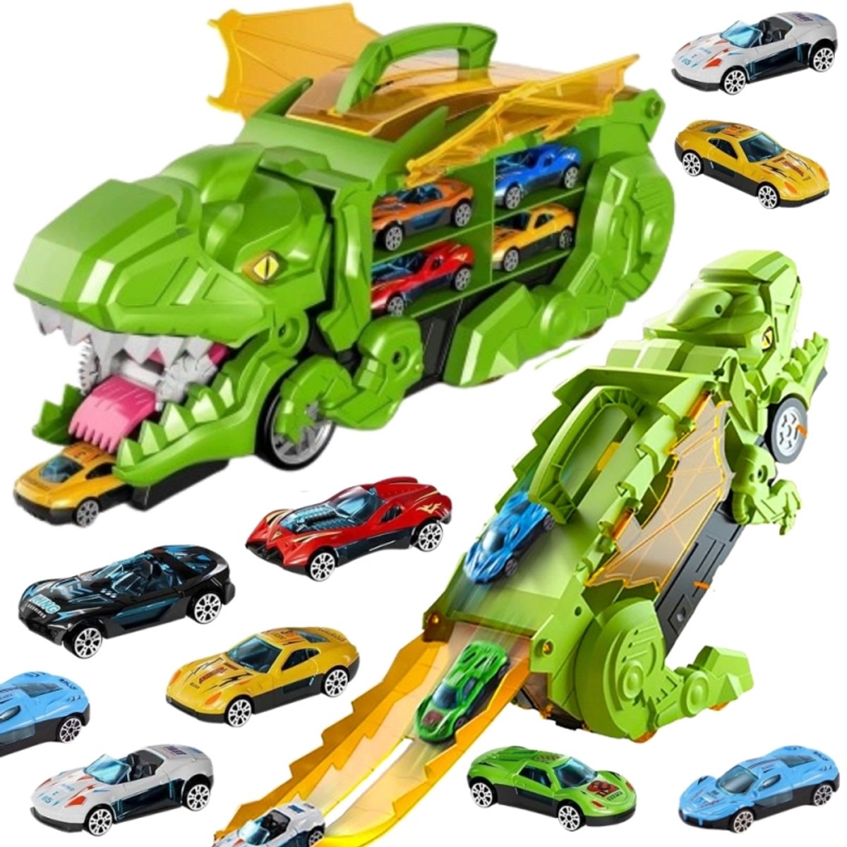 Playos® - Dinosaurus Transportwagen - met 12 Auto's - in Opbergkoffer - Dinosaurus Racebaan - Speelgoedvoertuig - Tyrannosaurus - Sinterklaas Speelgoed