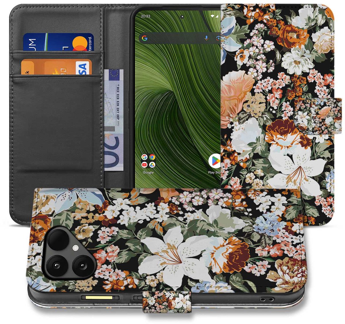 Stijlvol Dark Flowers Bookcase Hoesje voor Fairphone 6 met Pasjesruimte en Bescherming