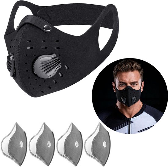 Stofmasker met Ventiel - Herbruikbaar Gezichtsmasker met 4 Vervangbare Filters (Zwart) - Ademhalingsbescherming voor Fietsen, Sport, Werk en Alledaags Gebruik