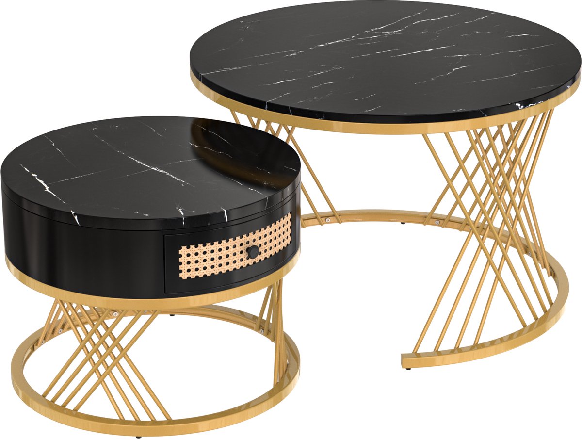 Clruro 2-in-1 Ronde Salontafel - MDF - Marmor Tafelblad en Rieten Schuiven - Massief Houten Handvaten - Gouden IJzeren Poten - 70x70x45,5 + 50x50x38,5 cm Marmerkleur