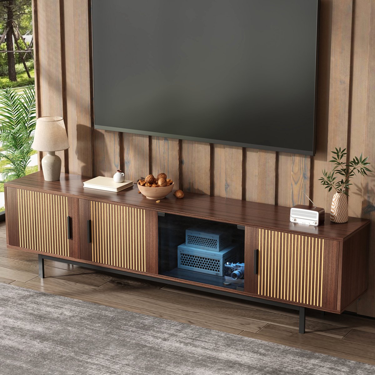 REDOM TV-meubel - MDF - met deuren - 200*35*53 cm + Walnut Brown+black Zwart + Walnootbruin