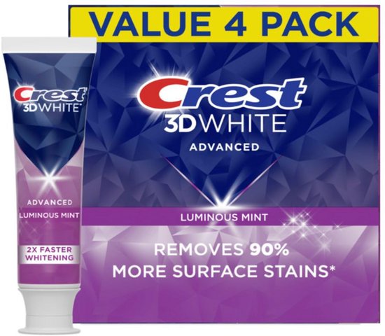 Crest 3D White Advanced Luminous Mint tandpasta in value 4-pack. De verpakking is blauw met paarse accenten.