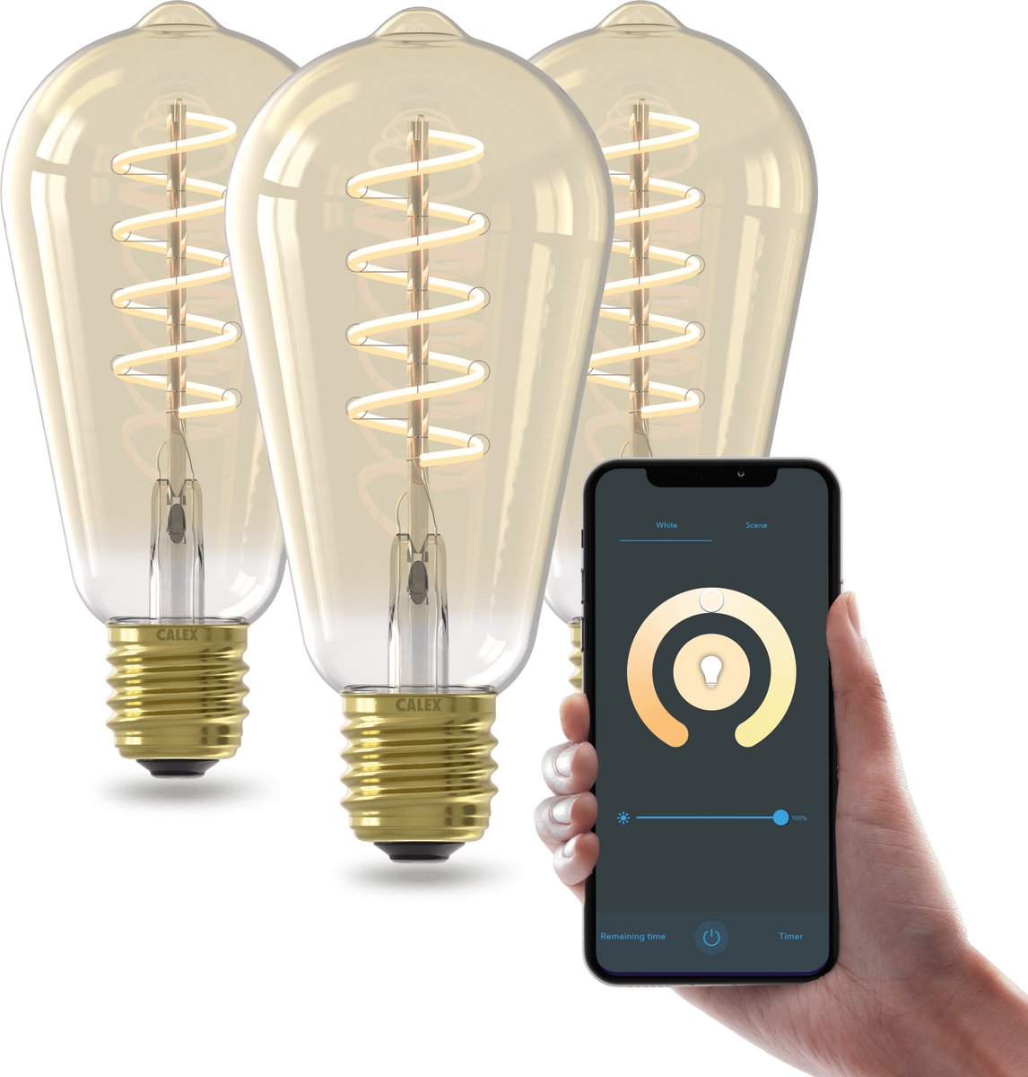 Calex Smart LED Edison Lamp E27 - Filament - instelbaar wit licht - dimbaar - Wifi Bluetooth Mesh met gateway - app- en spraakbediening - 3-pack