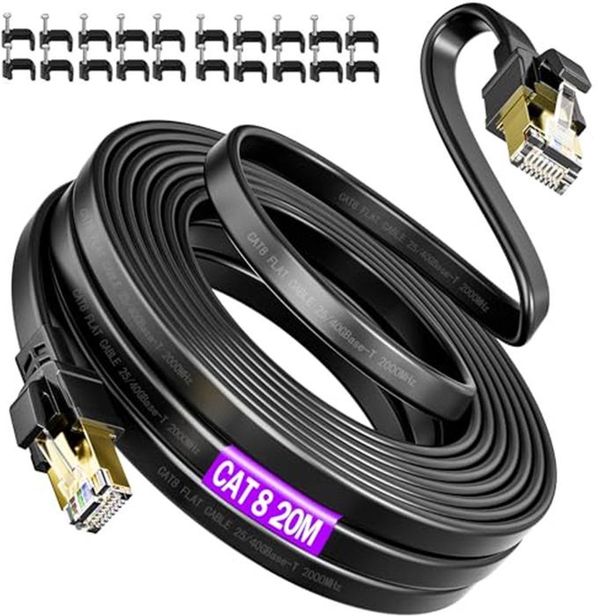 Hoogwaardige 20m LAN Kabel - Cat 8 40Gbps Plat Ethernetkabel voor Gaming en Streaming