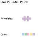Een lavendelkleurig Plus Plus Mini stukje met de tekst 'Actual size' en gekleurde vierkantjes voor 'Colors'.