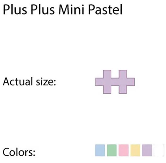 Een lavendelkleurig Plus Plus Mini stukje met de tekst 'Actual size' en gekleurde vierkantjes voor 'Colors'.