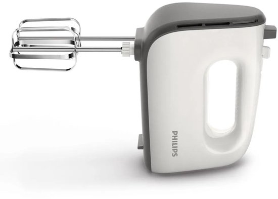 Een witte en grijze handmixer van Philips met een metalen garde.