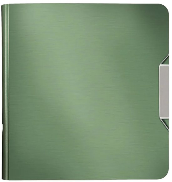 Gesloten groene Leitz ordner met een labelhouder aan de zijkant.