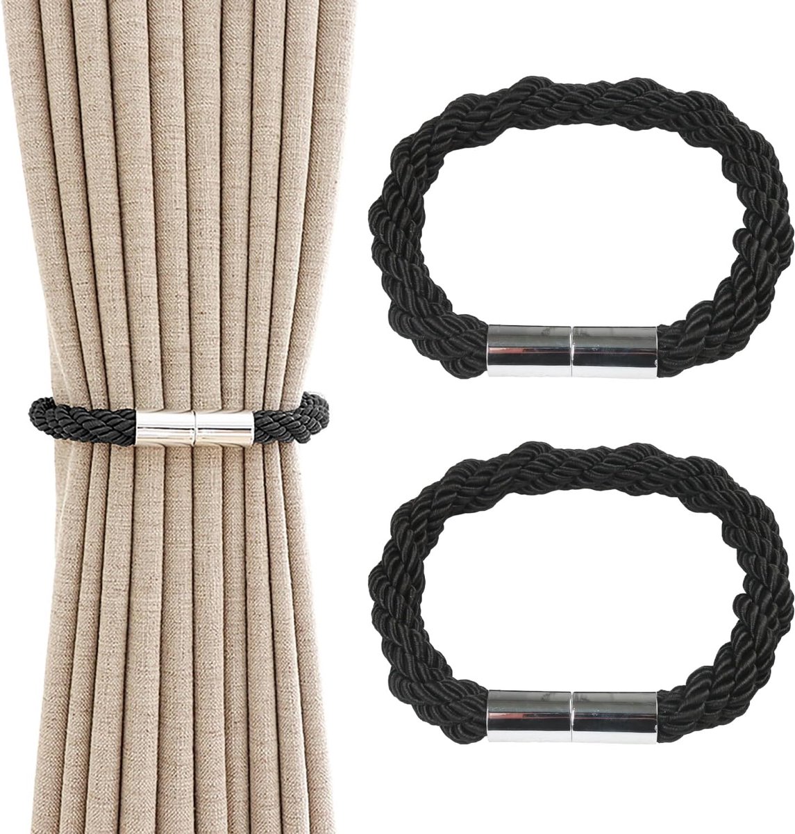 Famanu – 2 stuks magnetische gordijngordijnhouders - zwarte embrasses voor gordijnen - gordijnclips - touwhouders - gespen voor thuis - slaapkamer en kantoor - decoratief gordijn