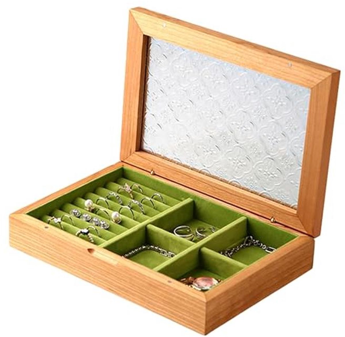 Houten sieradendoos voor vrouwen - Vintage organizer in massief kersenhout met ringcompartimenten en glazen deksel