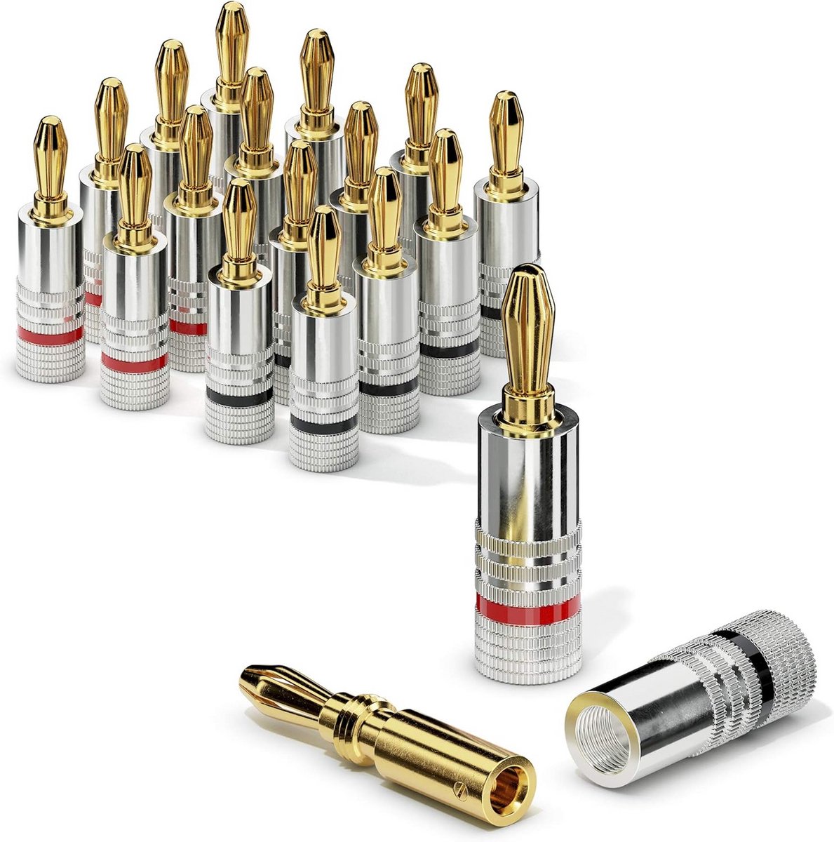 Bananenstekker set van 16 voor luidsprekerkabels tot 6mm² - Kleurcodering & 24k Verguld