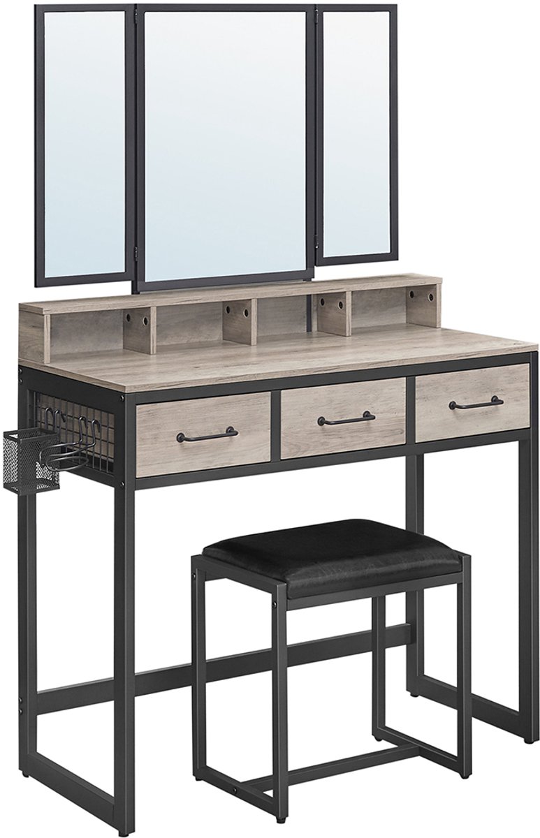 Furnstar Kaptafel met Kruk – Drievoudige Spiegel – 3 Lades – Föhnhouder – Industrieel Design – Grijs/Zwart