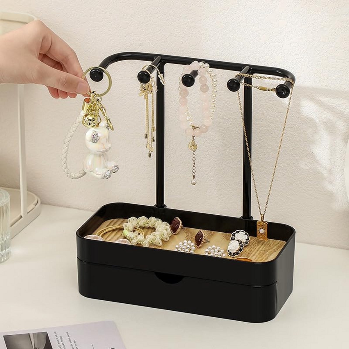 Elegante Sieradenstandaard met Houten Opbergbasis en Lades - Compacte Organizer voor Kettingen, Armbanden, Ringen en Oorbellen