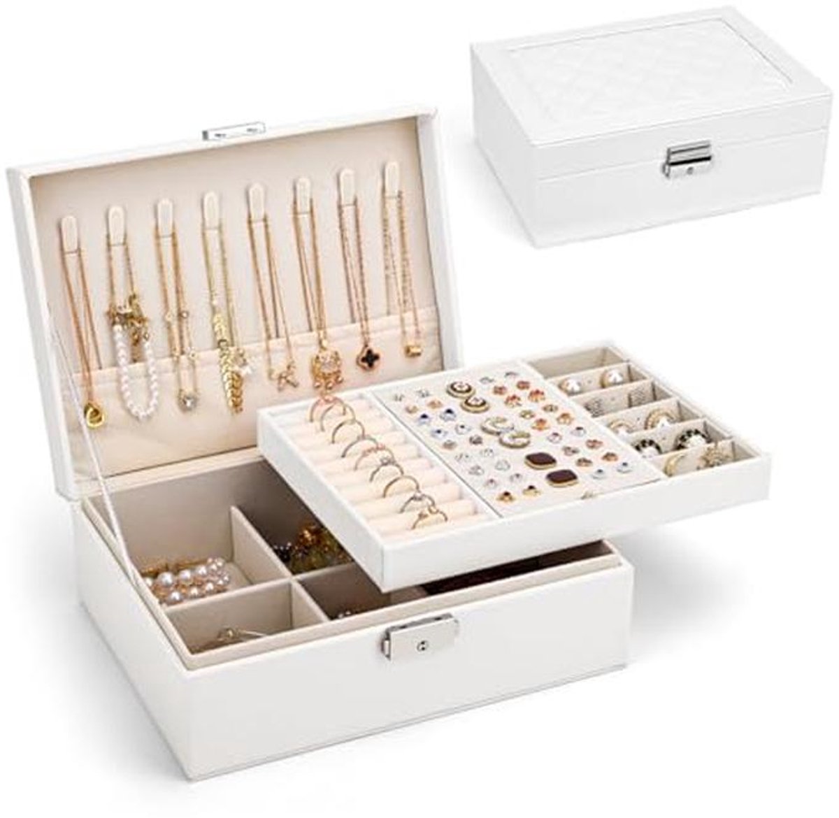 Grote Sieradendoos met 2 Etages - Reissieradenorganizer van PU-leer - Draagbare Sieraden Organizer - Parelwit