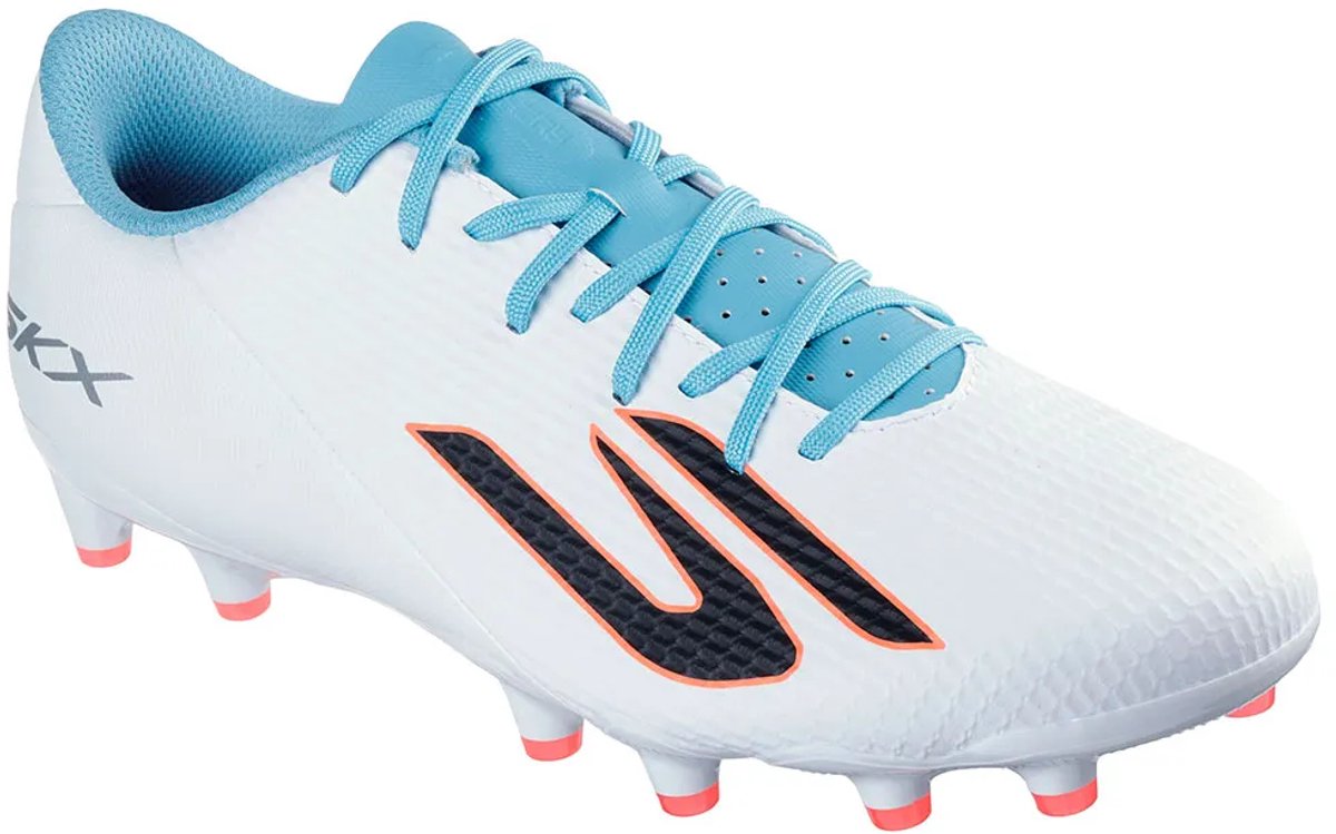 Skechers Academy 252120 Ag voetbalschoenen in wit met blauwe accenten, ontworpen voor comfort en balcontrole.