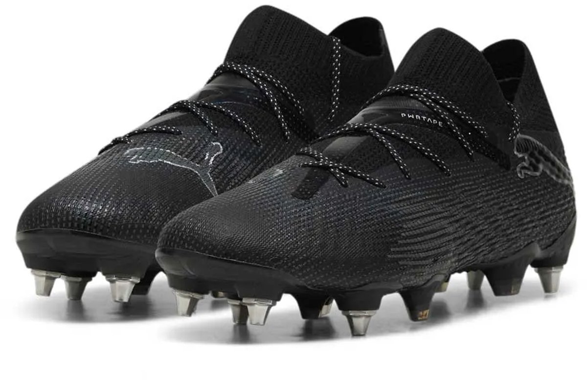 Puma Future 7 Ultimate Mxsg voetbalschoenen in zwart, met elastische knit en PWRPRINT voor een optimale pasvorm.