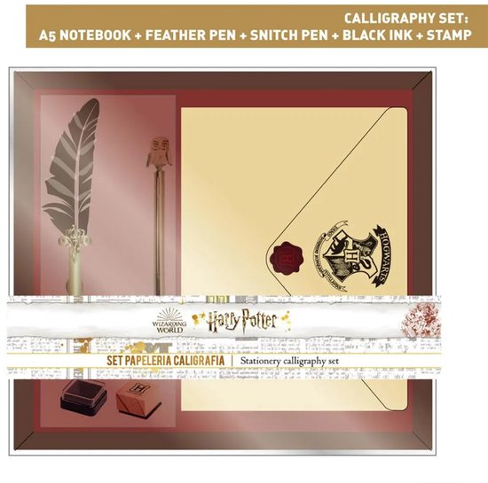 Harry Potter kalligrafie set met veerpen, gouden pen met uil, waxzegel, inkt, stempel en notitieboek.