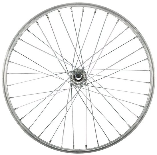 Zilveren fietswiel met 36 spaken en een grijze velg.