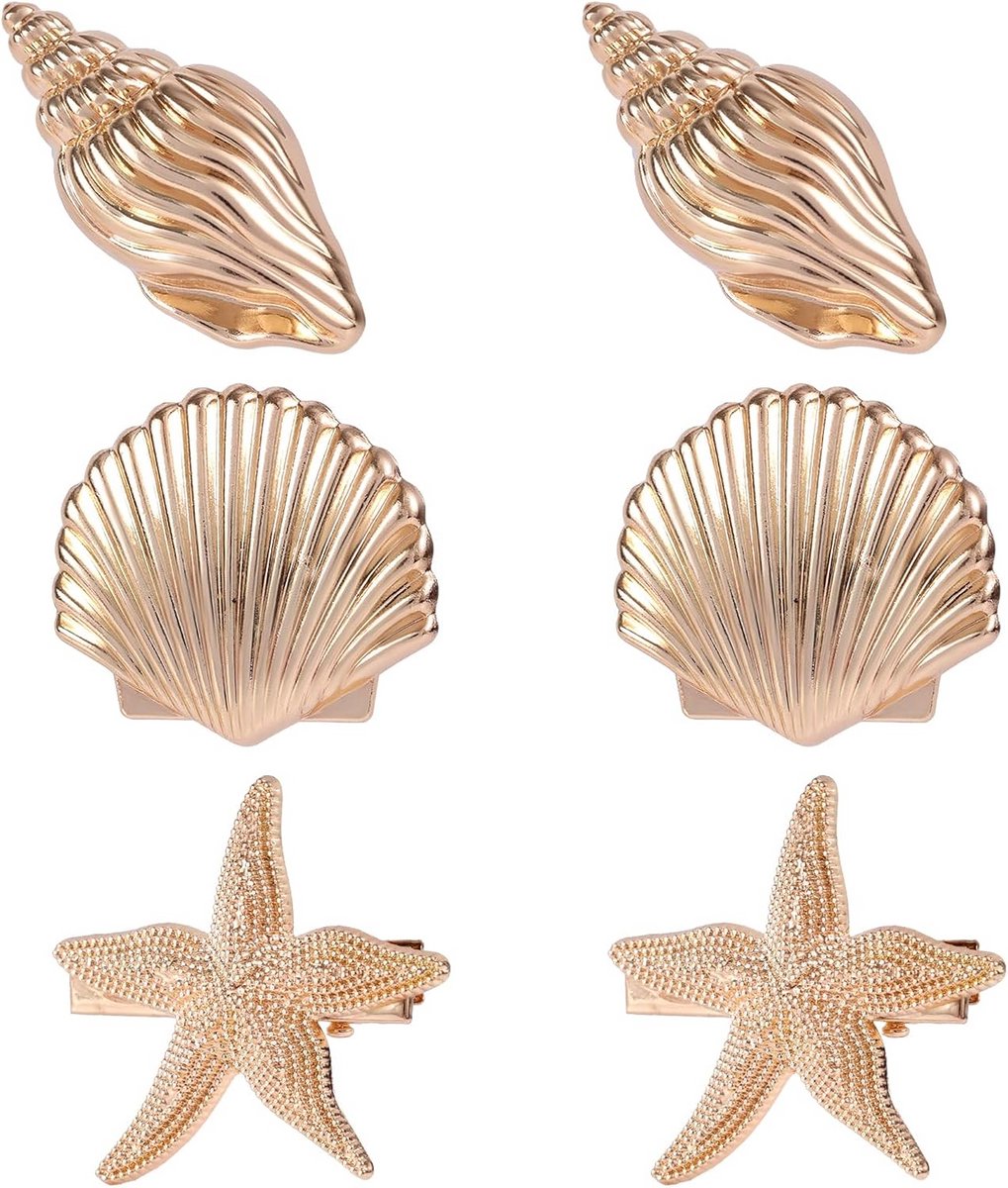 6x Gouden Schelp & Zeester Haarspelden - Zomeraccessoires voor Vrouwen en Meisjes