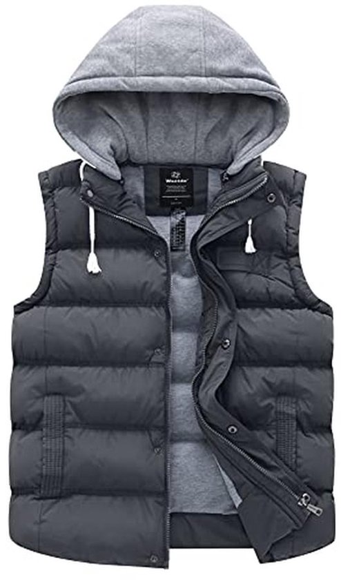 Donkergrijs gewatteerd bodywarmer met opstaande kraag, afneembare capuchon en rits.