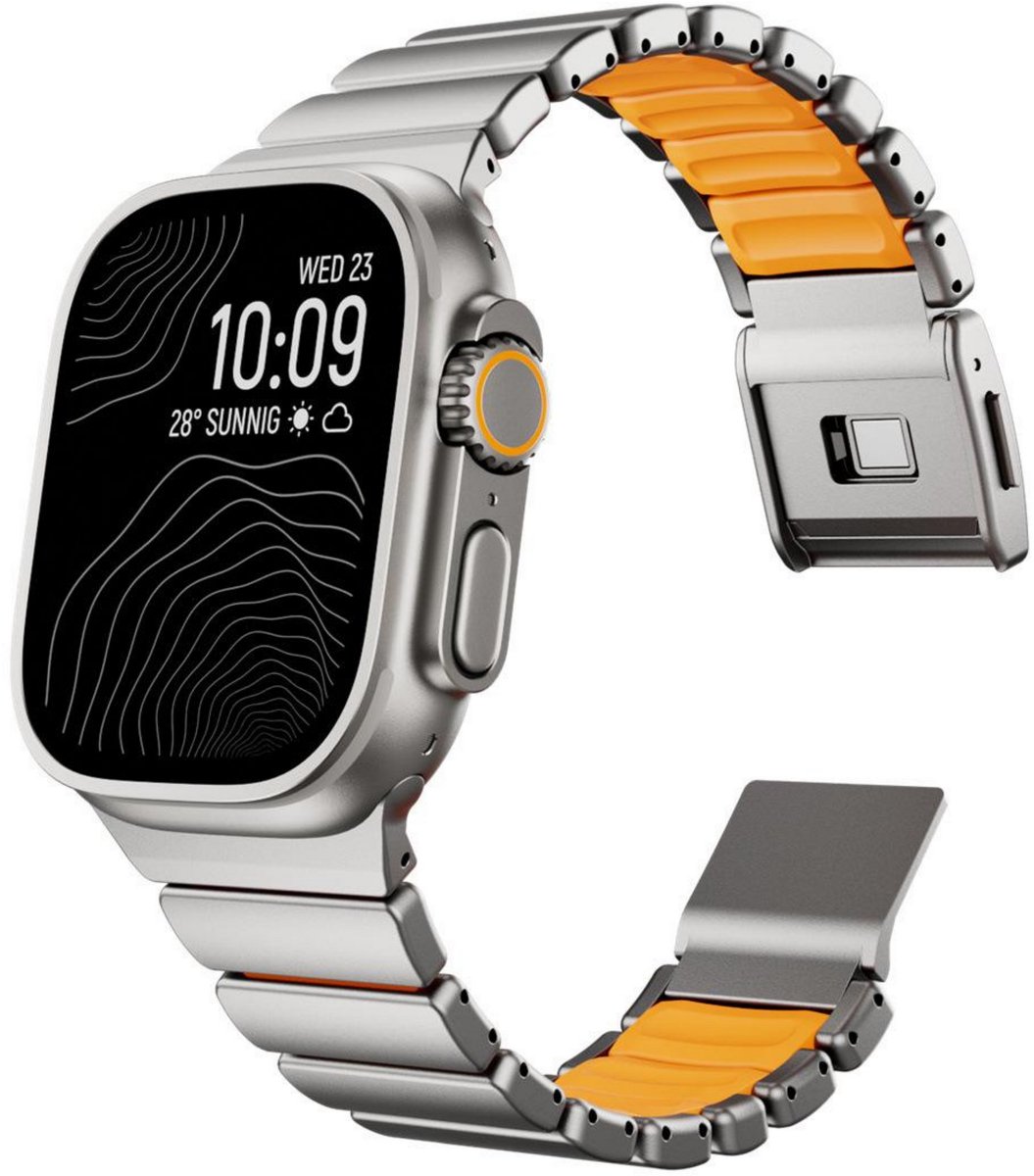 By Qubix - Premium Stainless Steel / Siliconen band - Titanium met oranje - Geschikt voor Apple Watch 44mm / 45mm / 46mm / 49mm (Ultra 1,2 en 3)
