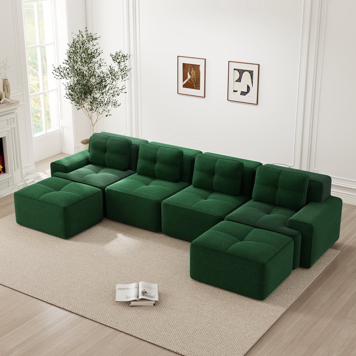 REDOM Modulaire 4-zits U-vormige hoekbank van corduroy – Loungebank & slaapbank met diepe 