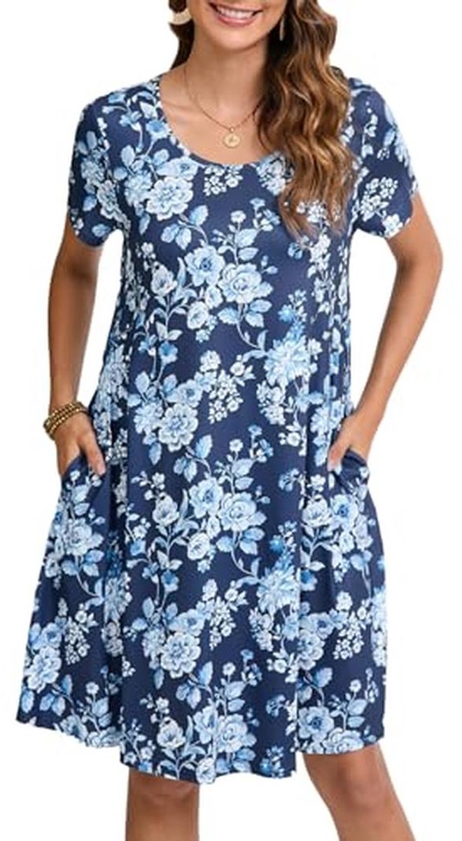 Dames Zomerjurk Korte Mouwen Casual Knielang met Zakken